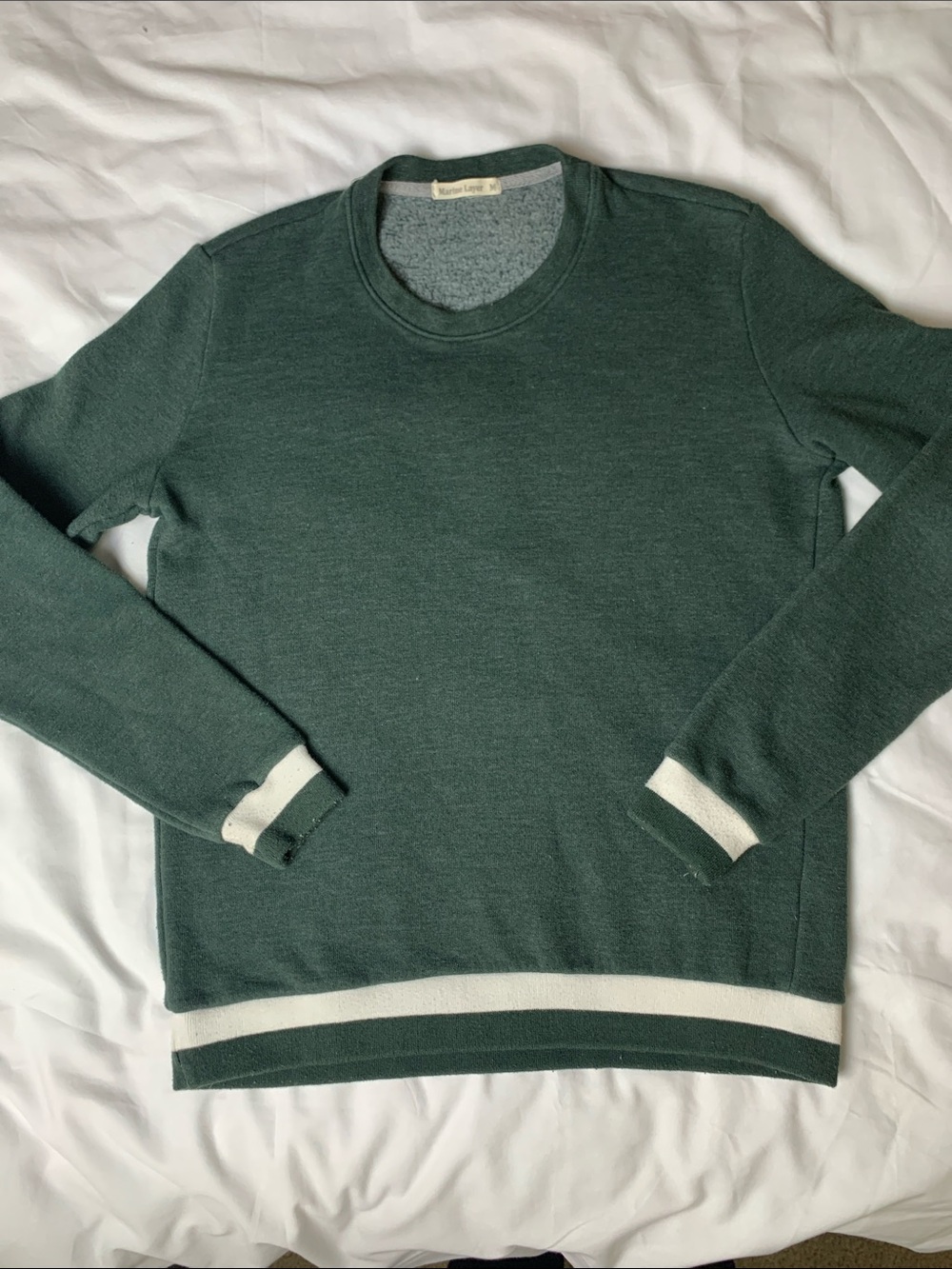 Marine Layer Sz M Dark Green Crewneck Sweater Fleece Lined Ribbed Cuff Pullover